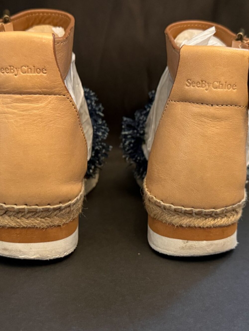 Authentic See by Chloé Denim Frayed Wedge Sandals (8) - Picture 9 of 14